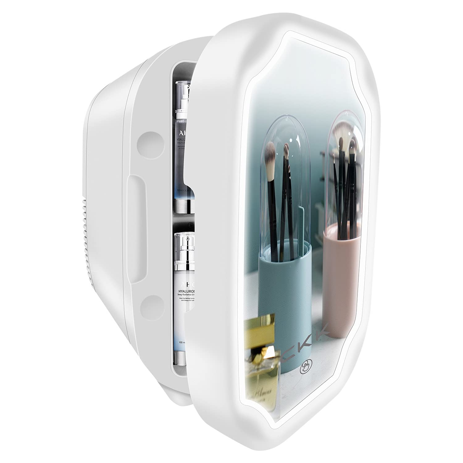 Mini Fridge Beauty Refrigerator with Mirror & LED, AC/DC Portable Skin Care Fridge for Bedroom Makeu