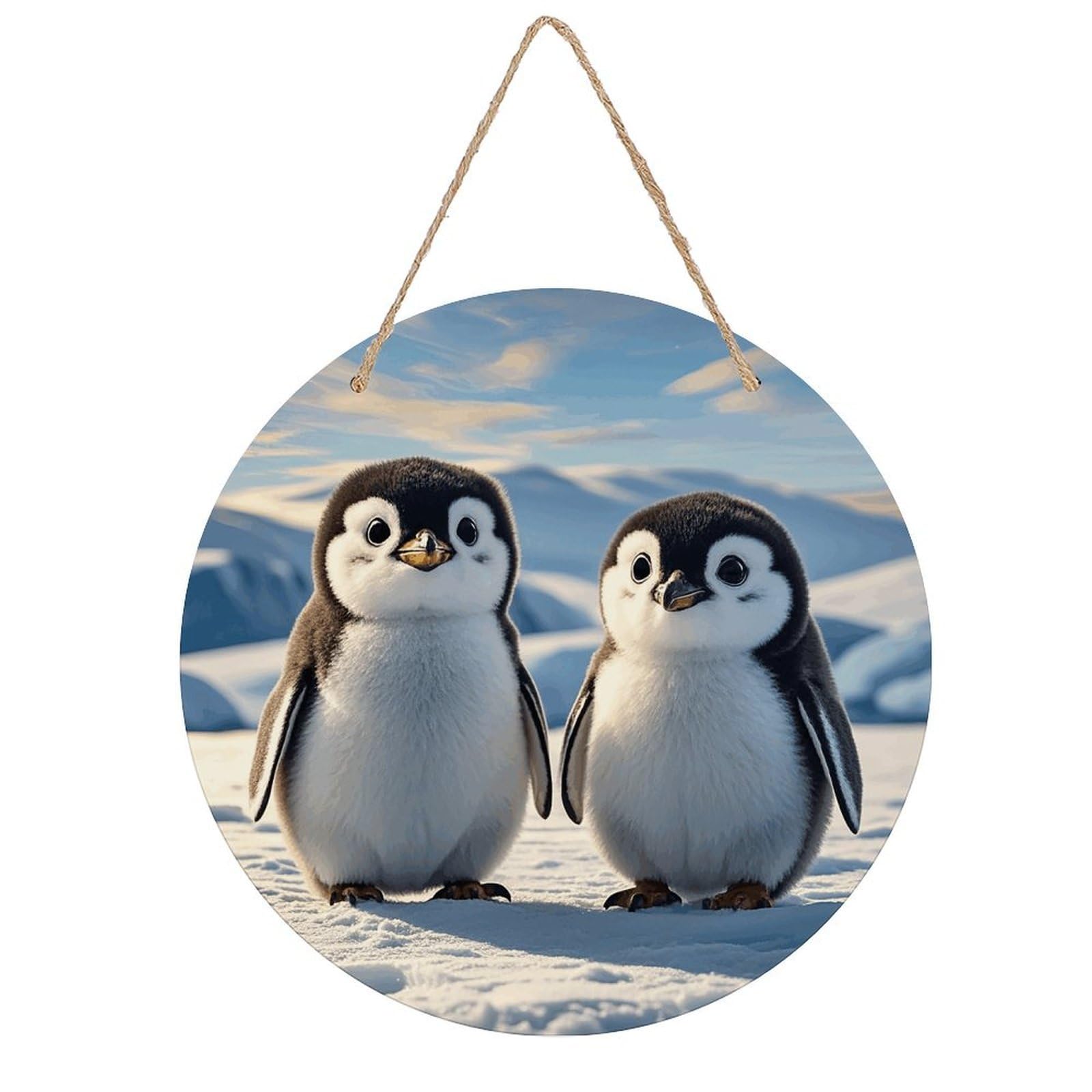 FekiLoot Cute Penguins Wall Art Decor Rustic Welcome Sign Round Wood Hanging Sign Decoration Wood Plaque Door Hanger Wooden Signs Wall Hanging Decor Housewarming Gift for Home Outdoor Indoor