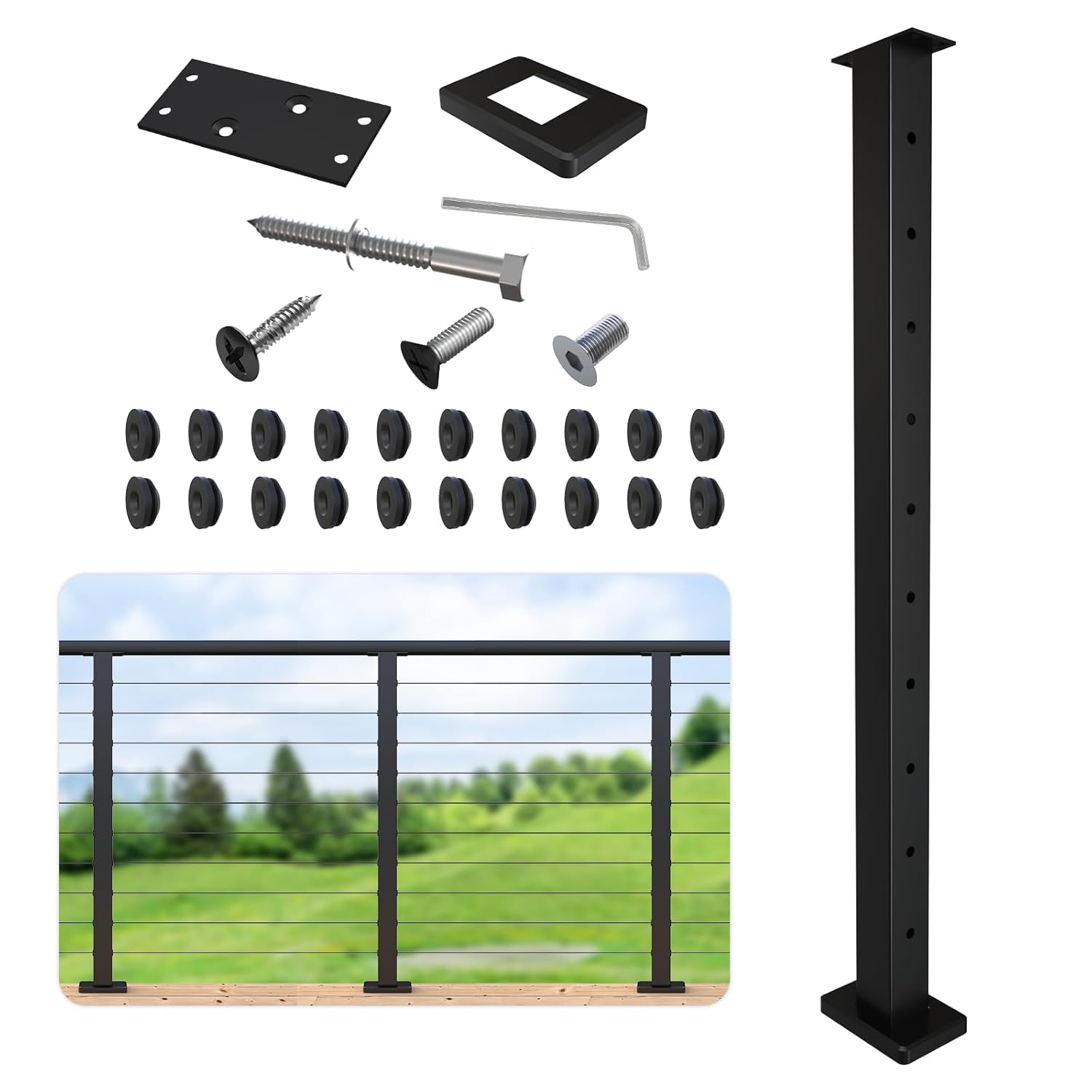 Level Drilled Cable Railing Post 36" (35"X2"x2"), Flat Bracket Stainless Steel Deck Railing Post, Black Level Holes Railing Post for Horizontal Cable Systems, Surface Mount Metal Post for Deck (1P) Level Drilled 1