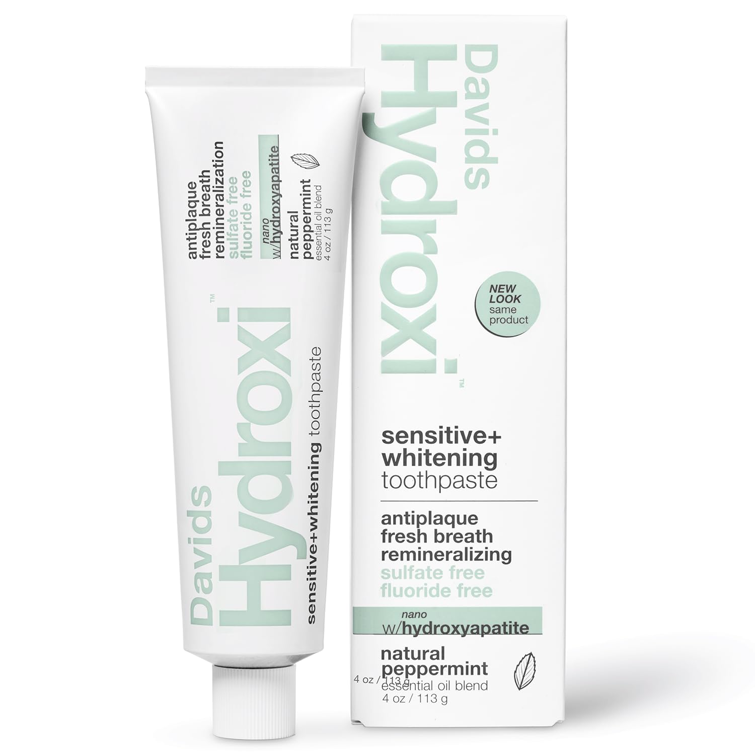 Davids Hydroxi Fluoride Free Nano Hydroxyapatite Toothpaste for Remineralizing Enamel & Sensitive Relief, Whitening, Antiplaque, SLS Free, Natural Peppermint, 4 oz, Made in USA