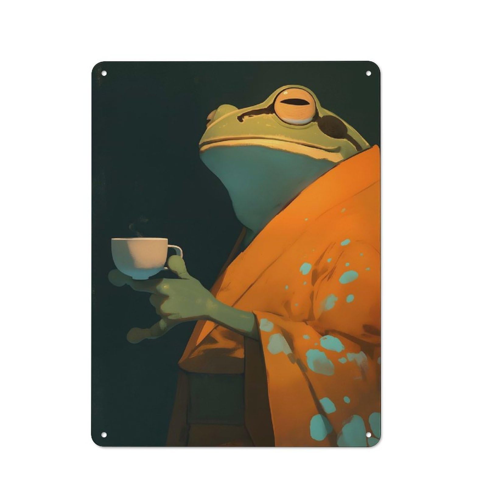 Junmoney Style-19 Retro Frog In Kimono Drinking Tea Vintage Tin Sign 40X30cm, Cafe Wall Decor For Kitchen, Cafe, Pantry Or Dining Room