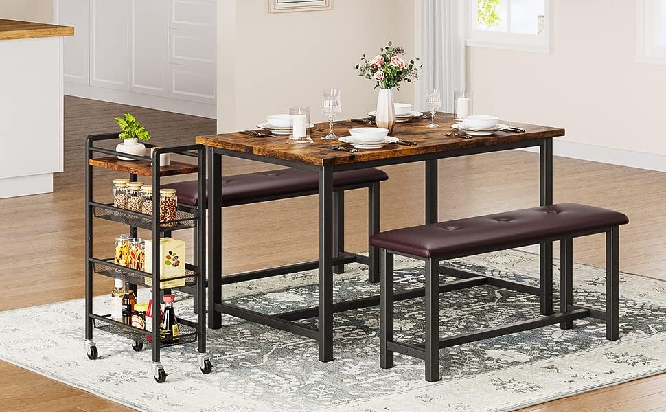 Miniatura 5 de IDEALHOUSE Juego de mesa de comedor para 4, mesa de cocina con bancos, juego de mesa de comedor rectangular con 2 bancos de madera de metal, juego