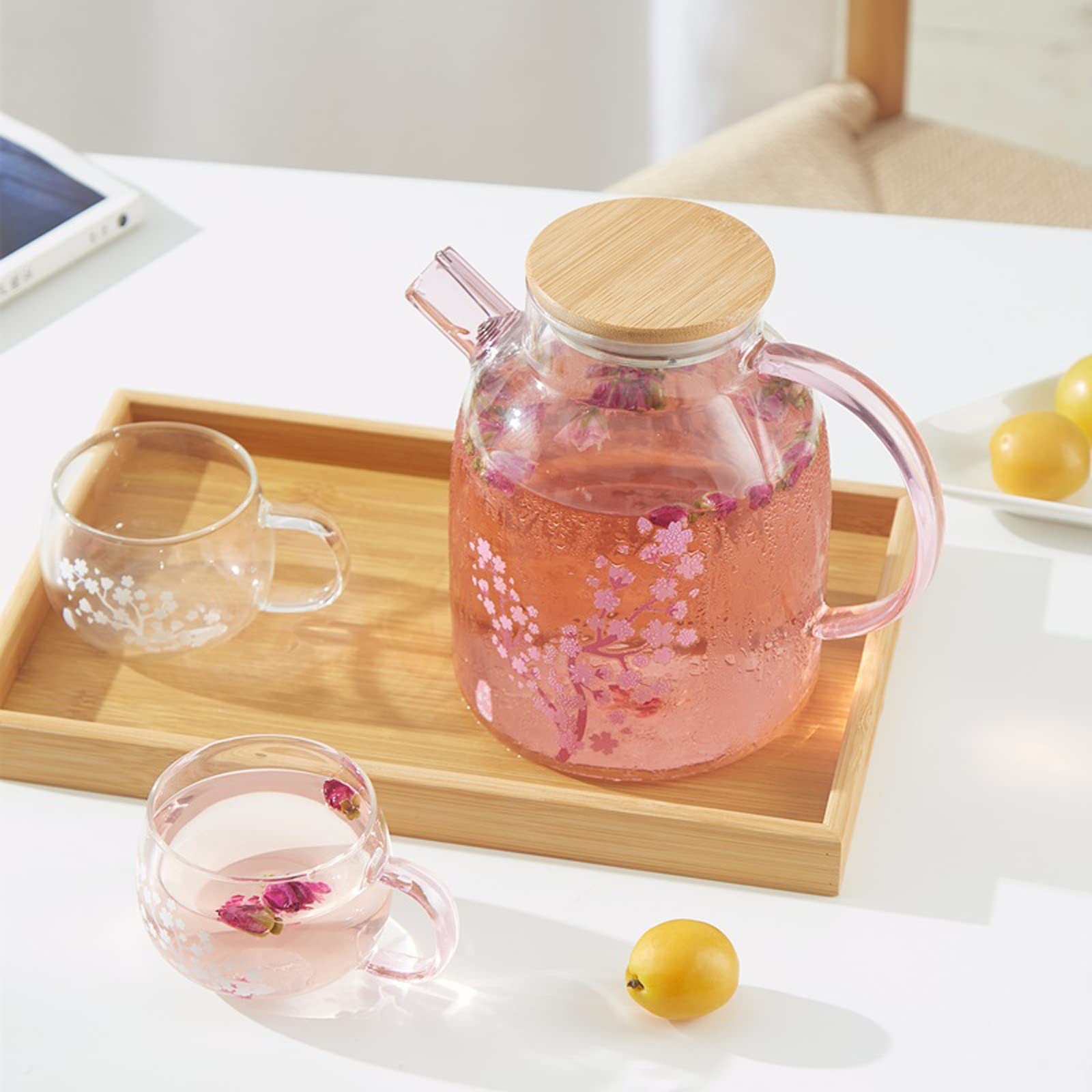 Karafka na wodę Szklany czajnik na zimną wodę Kubek Ciepło Kubek do herbaty Ciepło Przezroczysty Kubek Różowa Mata do czajnika Wygodny uchwyt Ice Tea Dzbanek (Kolor: