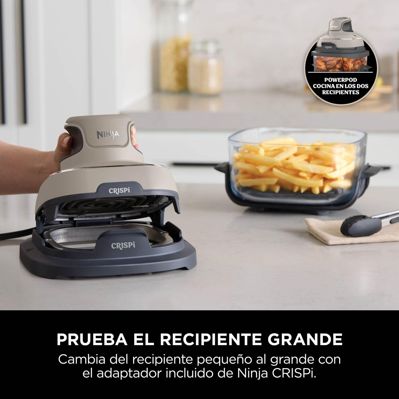 Ninja CRISPi Freidora de Aire portátil, 3,8 l, 4 en 1, freír con Aire, Asar, Mantener Caliente y gratinar, compacta, Incluye 2 recipientes de Vidrio extraíbles y Tapas, 1700 W, Piedra, FN101EUST