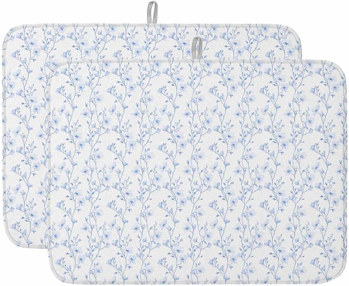 Dish Drying Mat for Kitchen Counter Blue Flowers Branches Pattern Highly Absorbent Dish Drainer 18 x 24 Inches Dish Drying Pad for Kitchen Counter, Sink, Draining Racks 2PCS