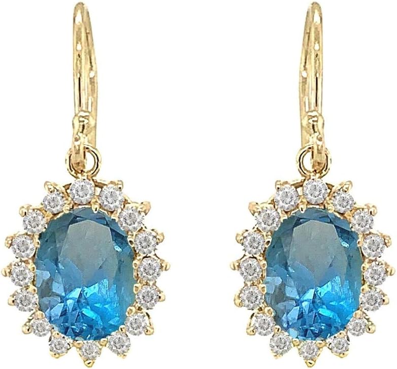 Certified 10k Gold Genuine Blue Topaz Oval-Shaped Fancy Earrings with CZ