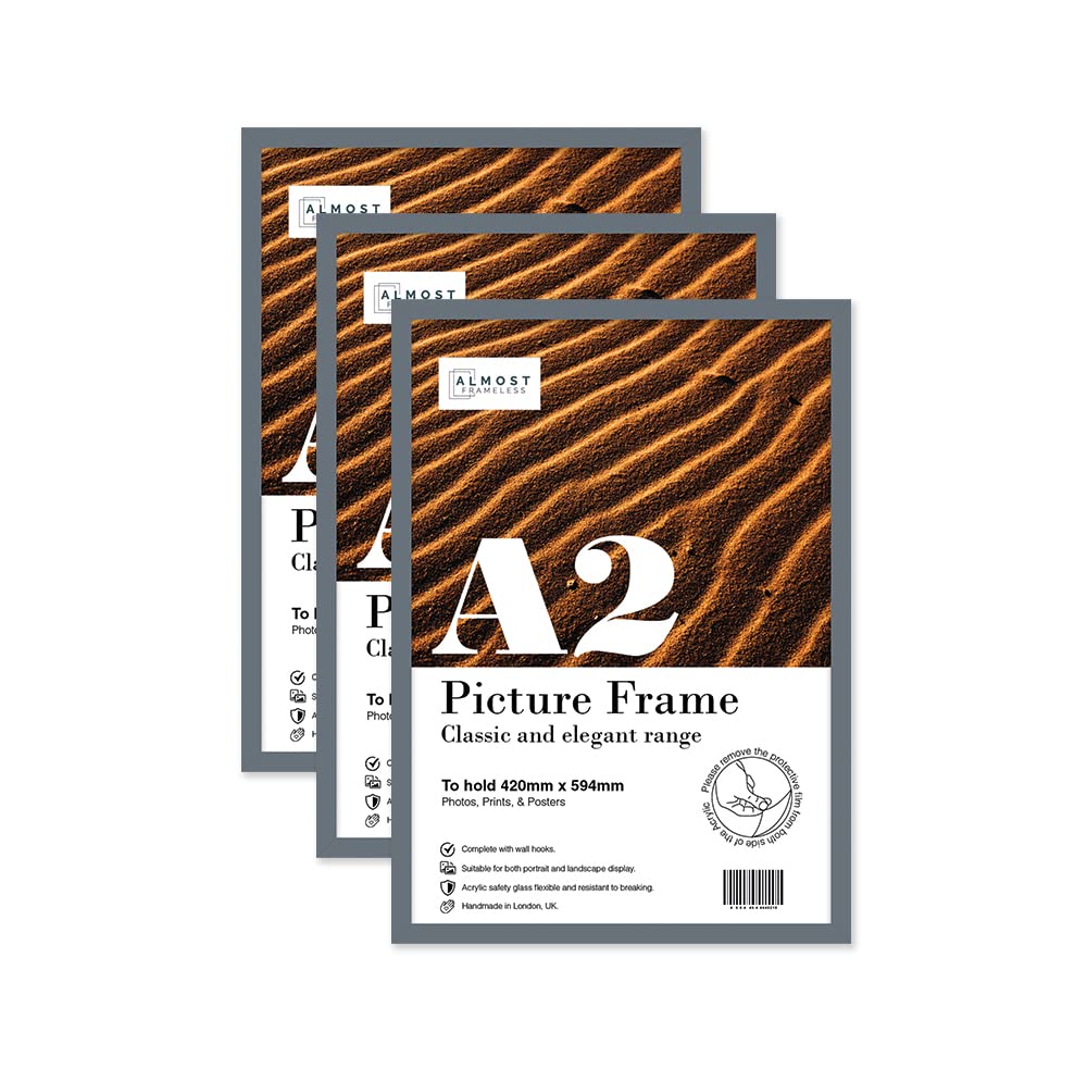Almost Frameless Grey A2 Picture Frame Set Of 3, Display A2 Picture Gallery Wall, Poster, Photo, Artwork, Or Print,