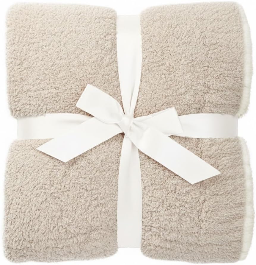 Contrast Trim Sand Stone & White Accent Tip Chic Throw Blanket Couch, Reversible Super Soft Knitted Blankets, Warm Knit Fuzzy Cozy Dreams Plush Lightweight Throws Dupes Sofa Bed 50" x 60"