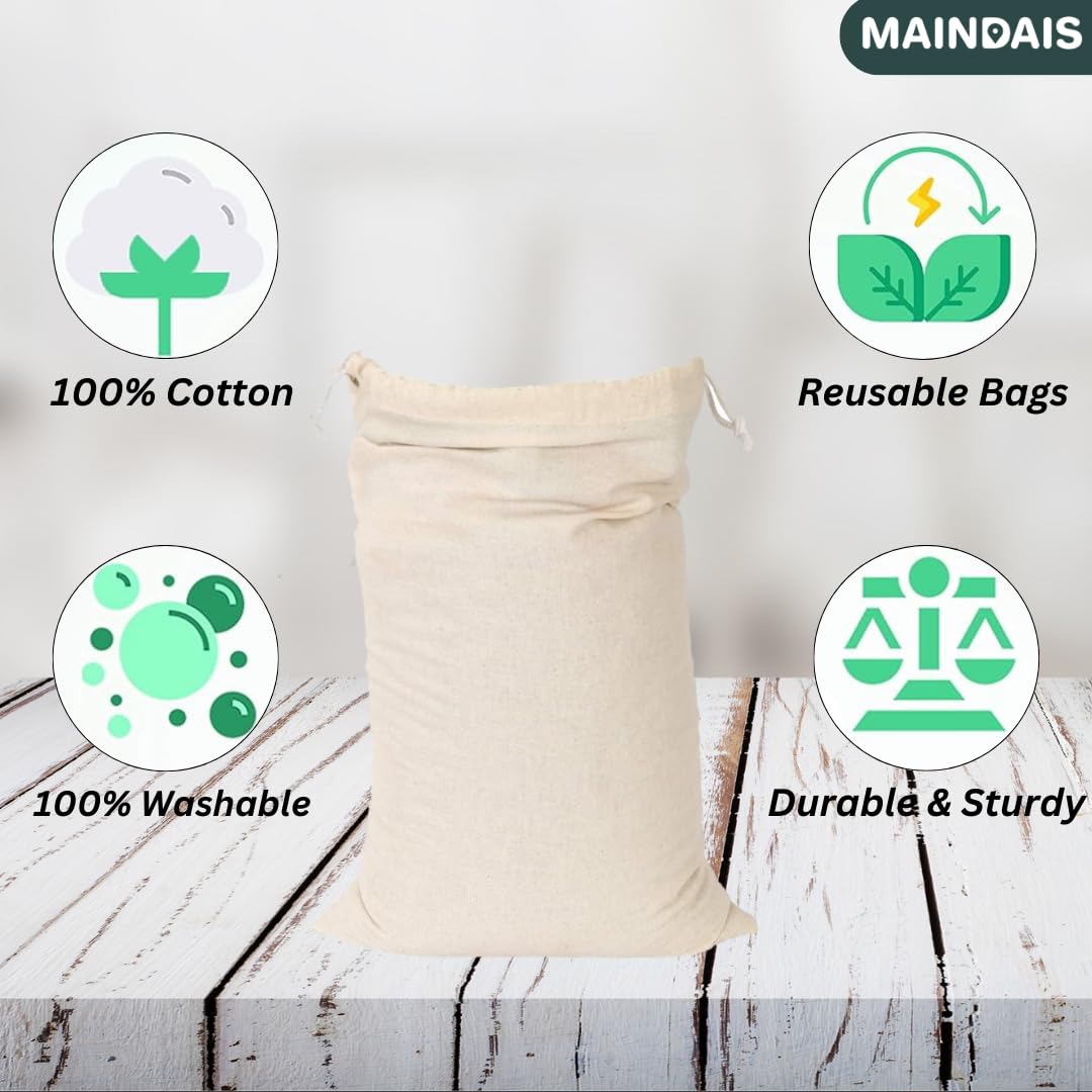 MAINDAIS Cotton Bag Double Drawstring Bags Muslin | Unbleached Organic Cotton | Fridge Vegetable Storage Bag Multipurpose Use | Pack Of 6 (11x14 Inches) 2