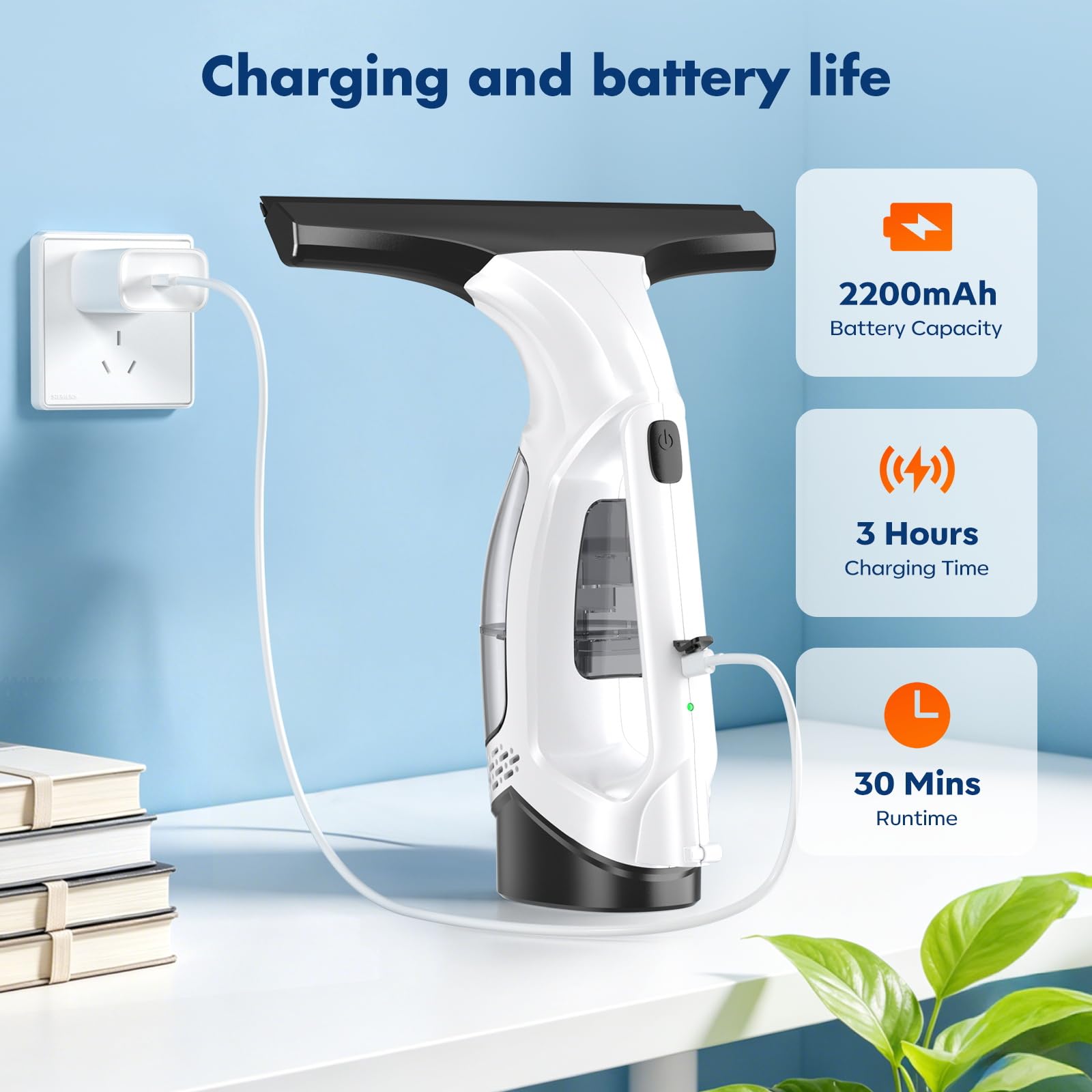 Lavavetri Elettrico Senza Fili con Asta Telescopica, Racla Aspirante 2000pa con Batteria 2200mah Serbatoio 150ml, Kit Spray Microfibra per Finestre Porte Doccia Specchi Auto