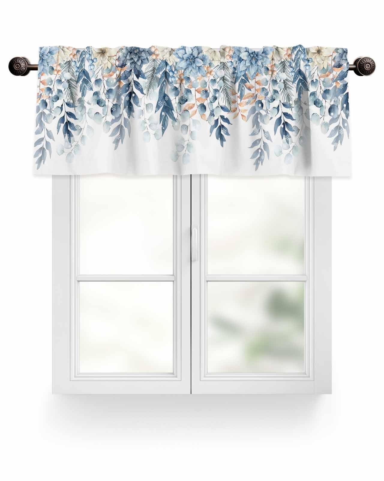 Christmas Eucalyptus Leaves Curtain Valances for Windows, Light Filtering Thermal Insulated Windows Curtains Decoration Xmas Snowflake Valance Curtains for Kitchen Bedroom Living Kid Room Decor 54x18