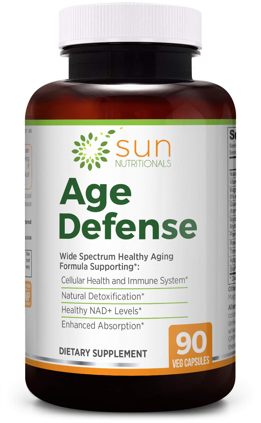 Age Defense with Sulforaphane precursors Glucoraphanin & Myrosinase, NAD+ with Apigenin, Niacin & TMG, Nrf2 & Sirtuin activators Pterostilbene, Trans-Resveratrol, Vitamin K2, Magnesium, 90 VCaps