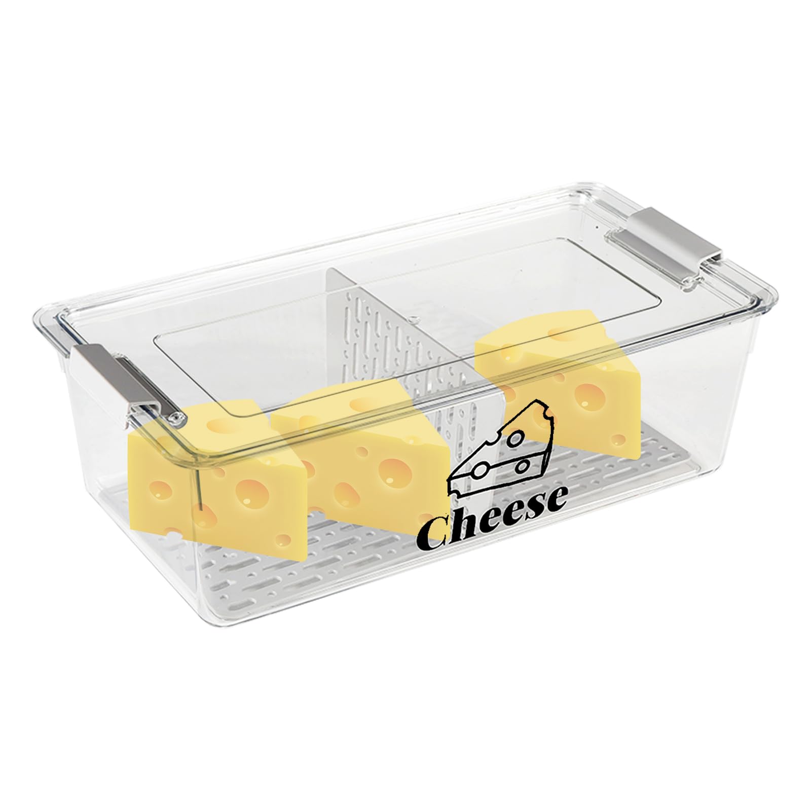 Cheese Container Airtight with Draining Basket Cream Block Cheese Sliced Cheeses Box with Lid for Fridge Shredded Saver 2 Compartment Deli Meat Storage Box,Cheeses Sliced,Grated,Cheddar Keeper
