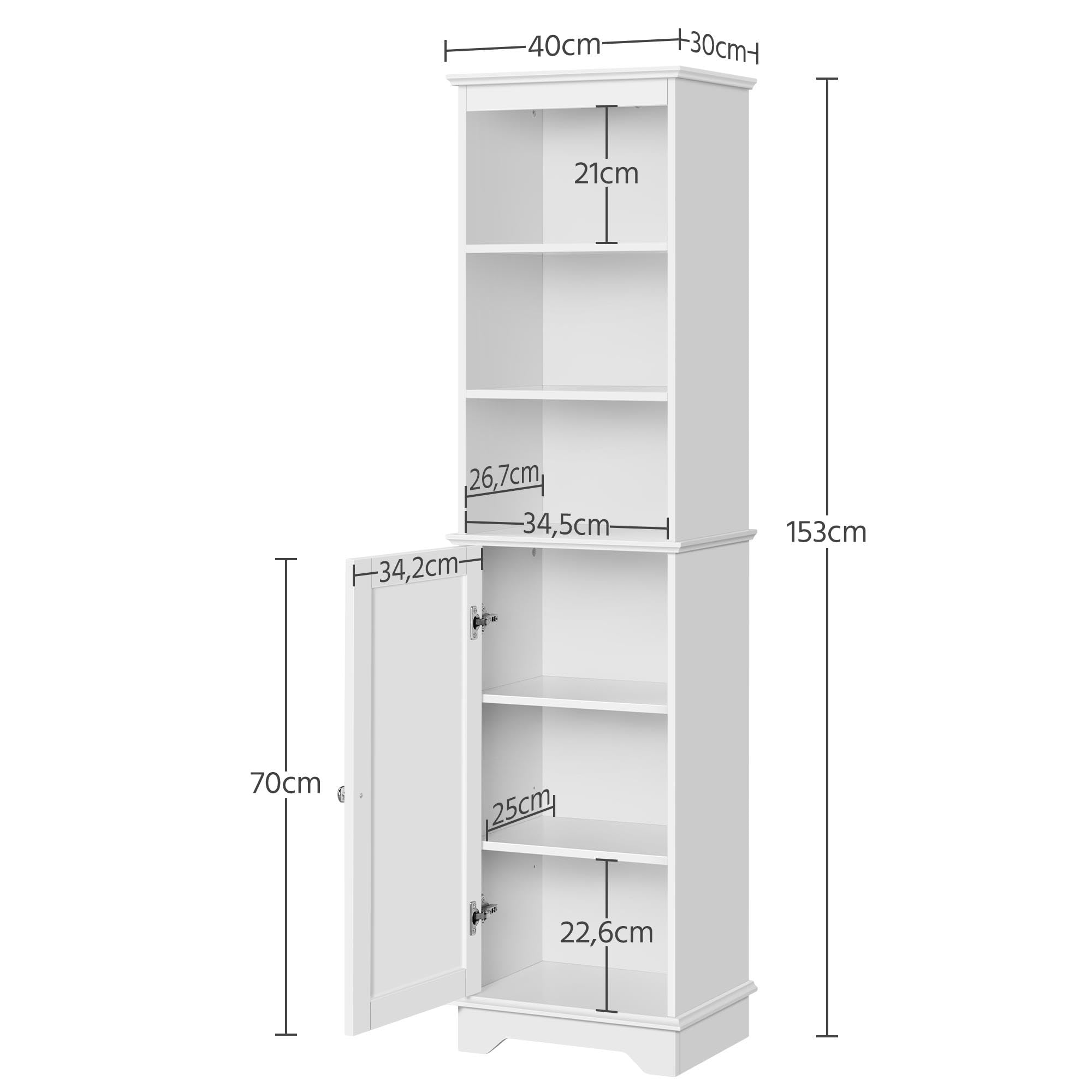 Yaheetech Armario Alto Baño Mueble Auxiliar de Baño 40x30x153 cm Blanco | con Estantes Ajustables Armario de Cocina con Puerta Armario Estrecho
