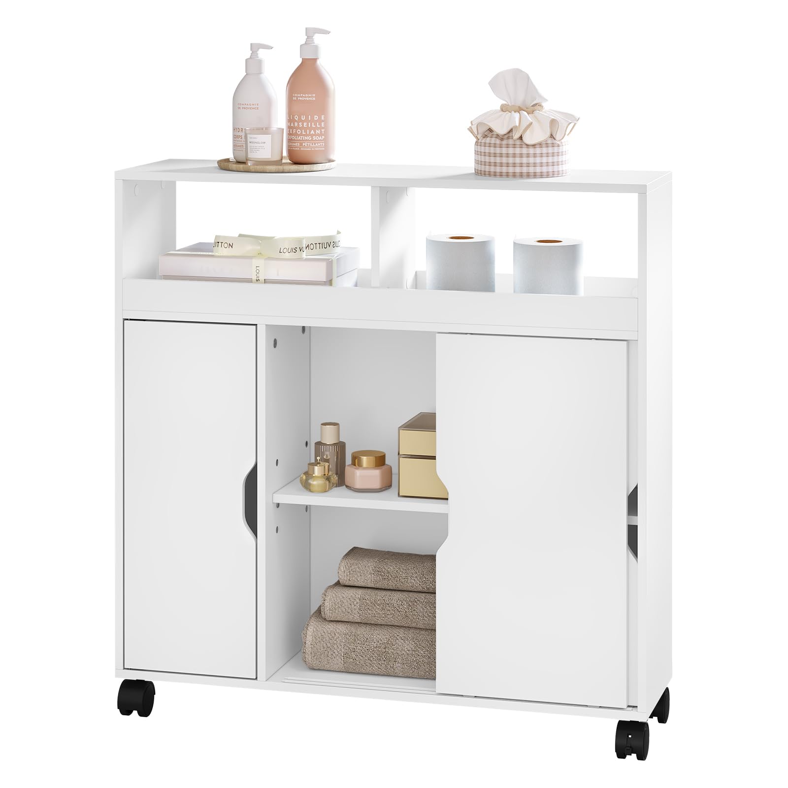 EUGAD Mobile da Bagno con Ante e Ruote, Armadietto da Bagno con Scomparti Aperti e Nascosti, Mobiletto Multiuso, per Cucina, Bagno, in Legno, Bianco, 70x20x71,5 cm