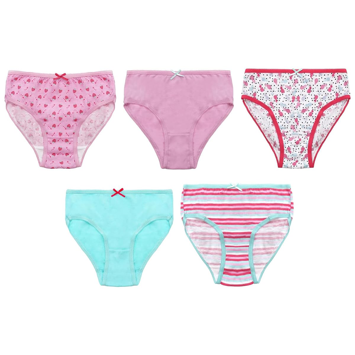 Girls Briefs 5 Pairs White, Pink, Red, Turquoise | Soft Cotton Mix, Knickers, Patterns, Stripes | Comfortable, Breathable, Toddler Panties, Underwear | 2-3, 3-4, 5-6, 7-8 Years Old