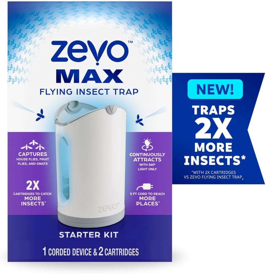 Zevo MAX Bug Catcher, Gnat & Fruit Fly Trap Indoors, 1 Base & 2 Refills | 360° Blue + UV Light Trap for Large Rooms, Fits 2x Fruit Flies & Gnats Than Original Zevo Trap, Indoor Odor-Free Fly Control