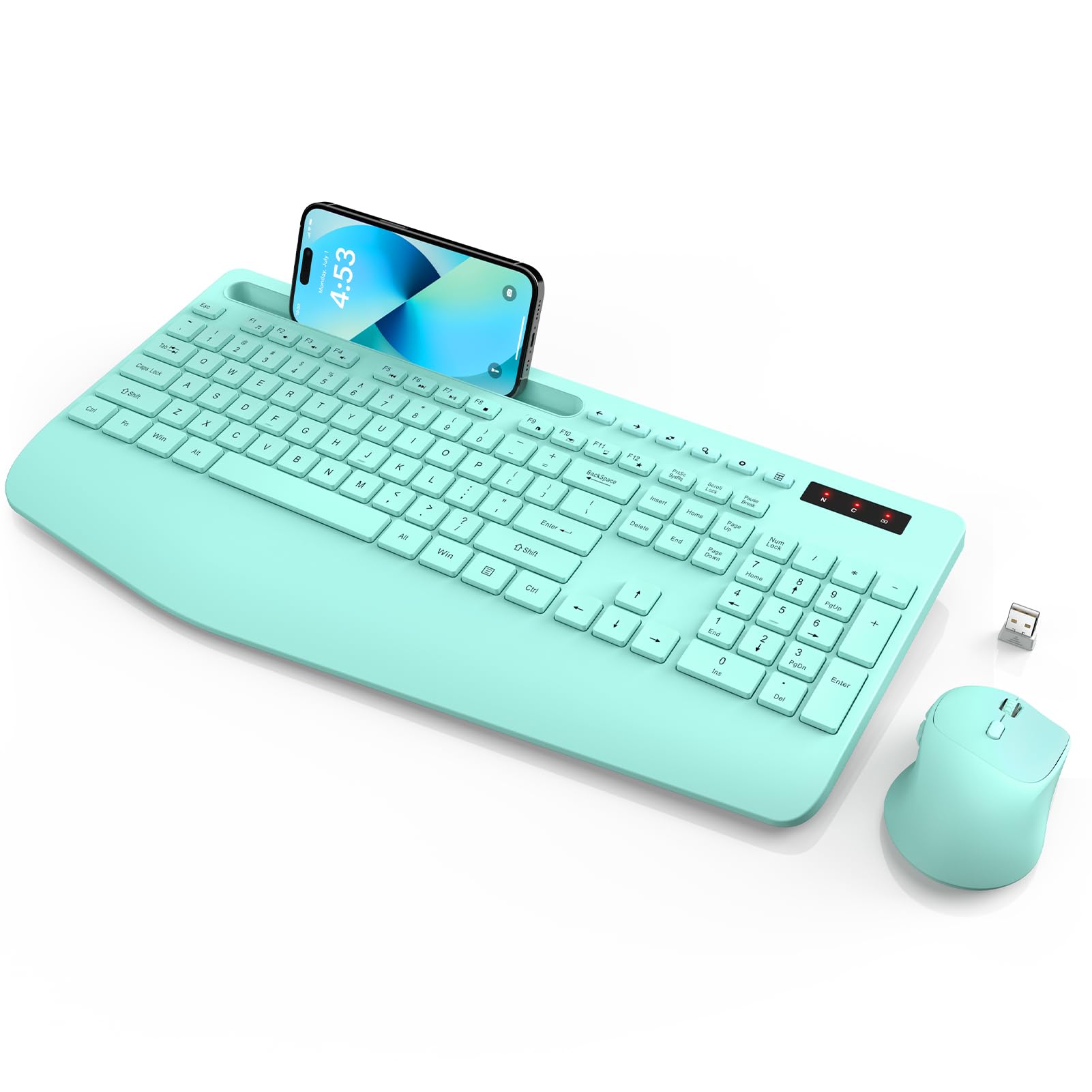 Wireless Keyboard and Mouse, Ergonomic Wrist Rest, Phone Holder, 2.4G Lag-Free Keyboards Combo, Silent Cordless Set for Computer, Laptop, PC, Mac, Windows, Battery Powered, Mint Green-SABLUTE