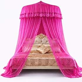 Mosquiteiro Indiano Gigante de Teto 14m com para Cama Casal Queen King – Rede Mosquiteira Decorativa em Renda com Aro 1,20m Proteção Contra Mosquitos(Rosa,Casal)