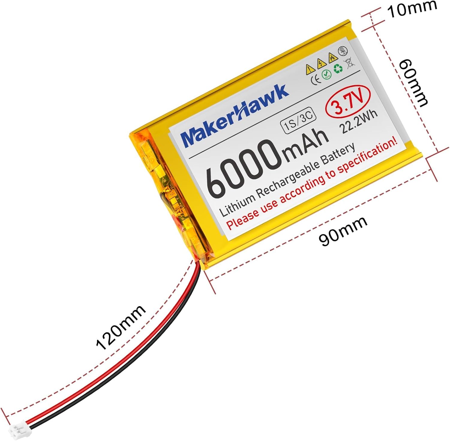 Dimensions of the MakerHawk 3.7V 6000mAh LiPo battery