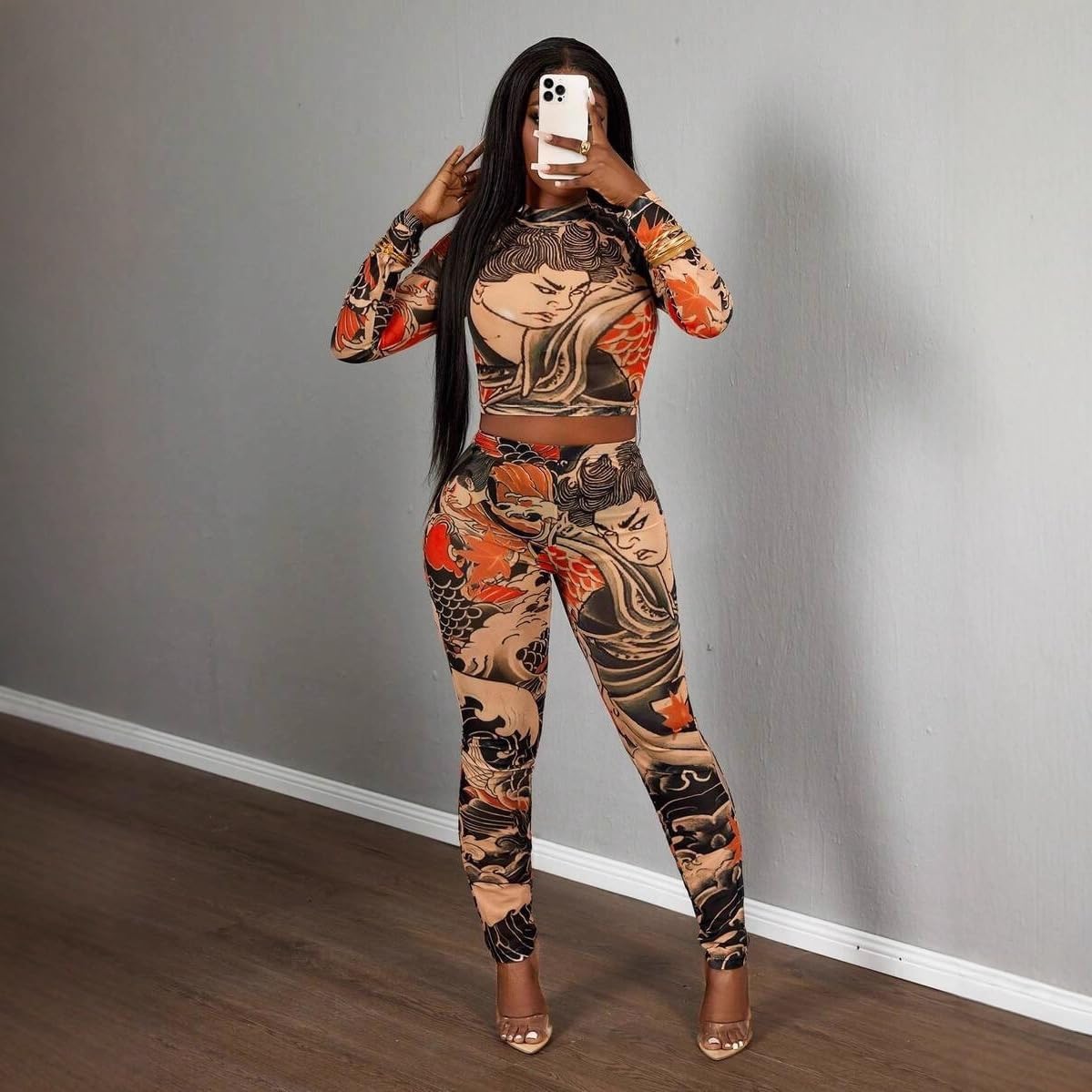 Womens Printed 2 Piece Outfits Long Sleeve Round Neck Slim Crop Top Bodycon Pants Sexy Club Party Set - Image 5