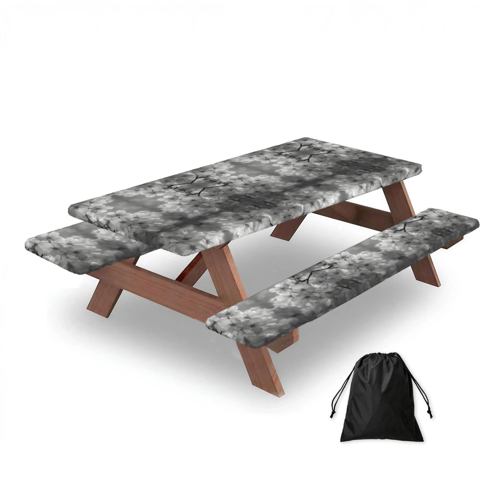 ESNAIUVCD Cherry Blossoms Print Picnic Table Cover With Bench Covers,Camping Essentials,Fitted Tablecloth Cover With Elastic Edge, For Indoor & Outdoor 3 Pcs