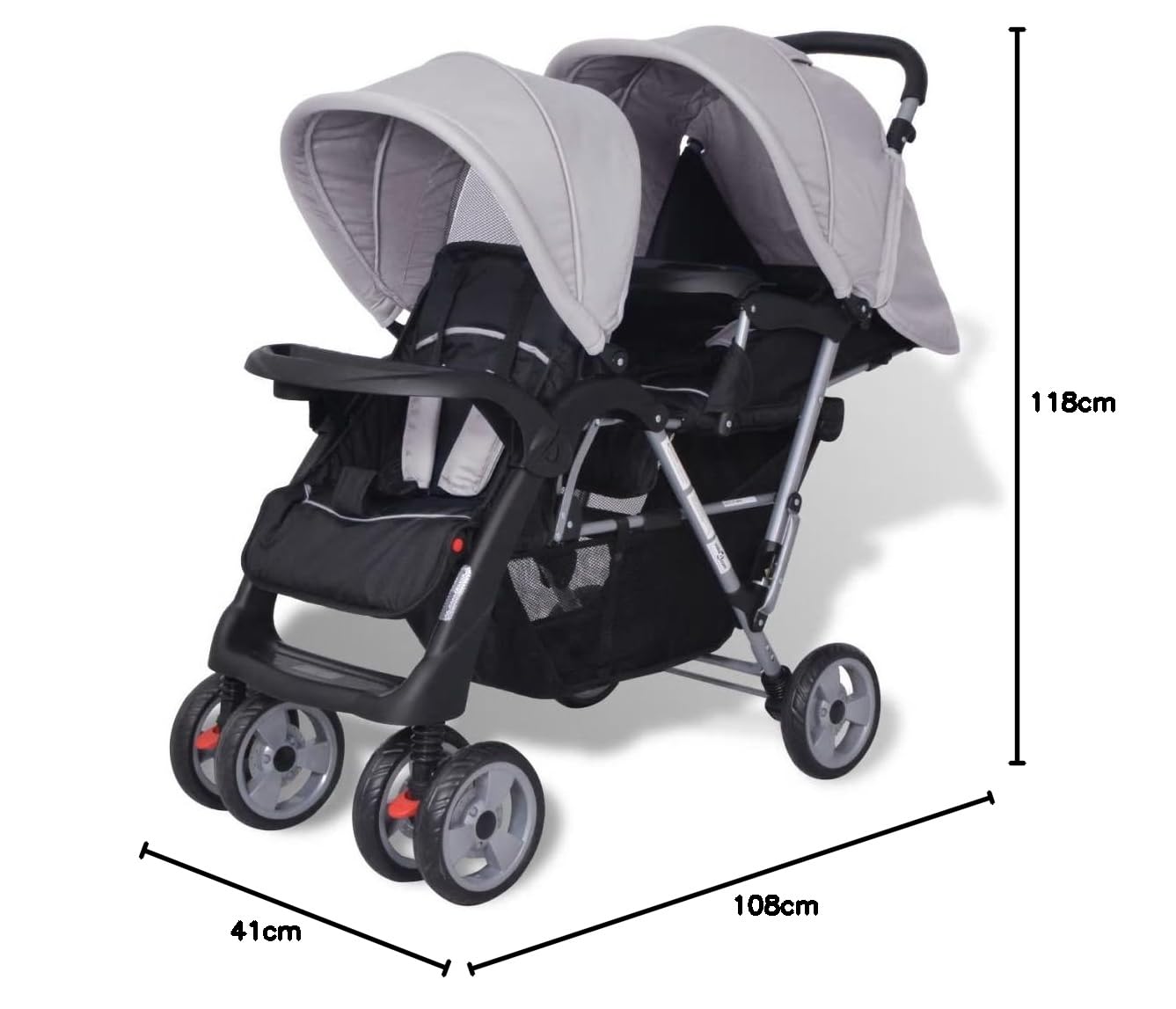 yorten Poussette double pliable pour frères et sœurs - En acier et tissu Oxford - Pour 1 à 2 enfants jusqu'à 15 kg - Gris et noir - 118 x 41 x 108 cm