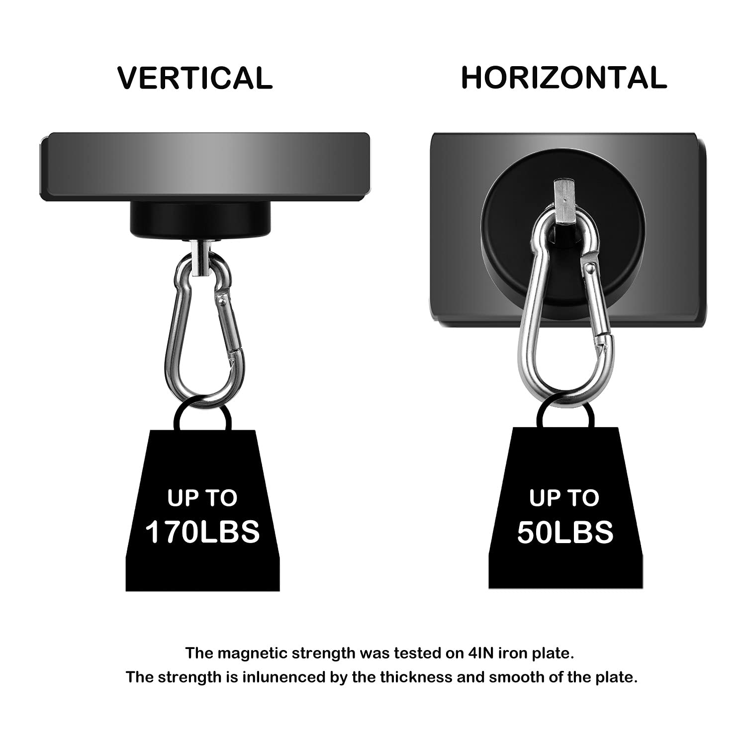 WELLZEER Magnetic Hooks 170lbs Heavy Duty Black Magnet Hooks with Swiveling Carabiner for Hanging Refrigerator Strong Large Neodymium Magnet (170LBS-8PACK-BLACK)
