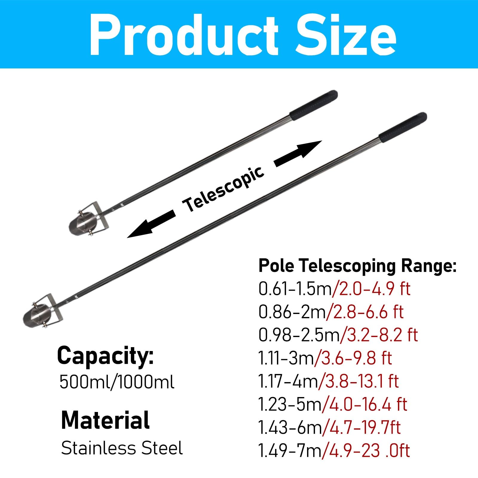 ERRULAN Telescopic Water Sampler Stainless Steel, Ultra Light Rod Pendulum Beaker Sampler Ladle, Liquid Sampling Pole for Environmental Monitoring, Water Quali(1000ml,1.49-7m/4.9-23.0ft)