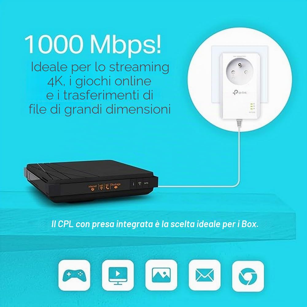 TP-Link CPL 1000 Mbps, 1 porta Gigabit e presa integrata, confezione da 2 CPL - ideale per godere del servizio multi-TV a casa, compatibile con tutte le Box, TL-PA7017P KIT(FR)