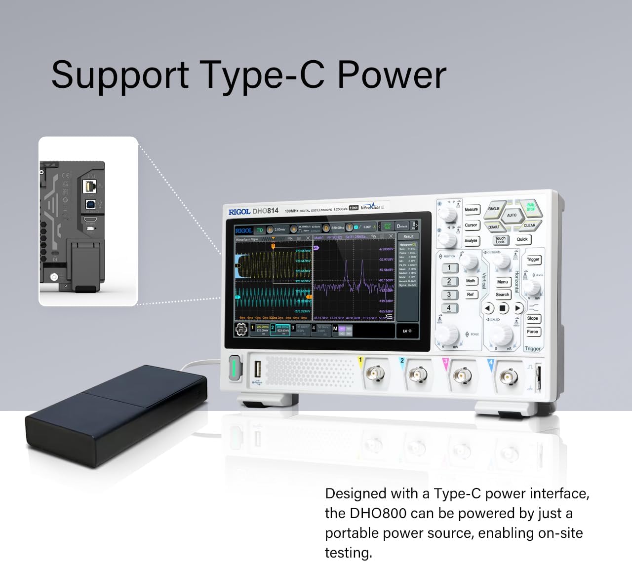 RIGOL Digital Oscilloscope DHO814 100MHz Frequency Band + 12-bit Vertical Resolution + Maximum 1.25 GSa/s Sample Rate + 1000,000 wfms/s Waveform Capture Rate + 4 Analog Channels + 25 Mpts Maximum Memo