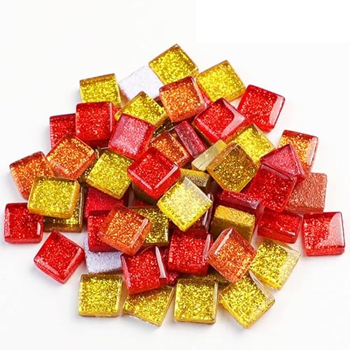 100g Crystal Glitter Mosaic Tiles 10MM Glass Mosaic Tiles,Mix Color Glass Pieces for DIY Art Craft,Yellow Orange and Red