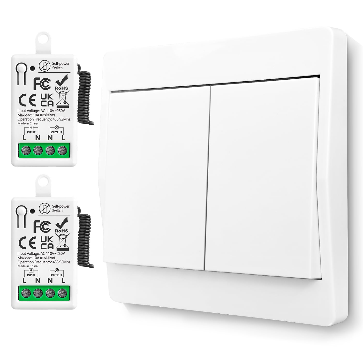 Set de interruptores de luz 230V, Interruptor inalámbrico sin batería, MINI Interruptor de pared impermeable inalámbrico, Alcance hasta 150m, Interruptor inalámbrico para luminarias 110-250V 10A 1200W