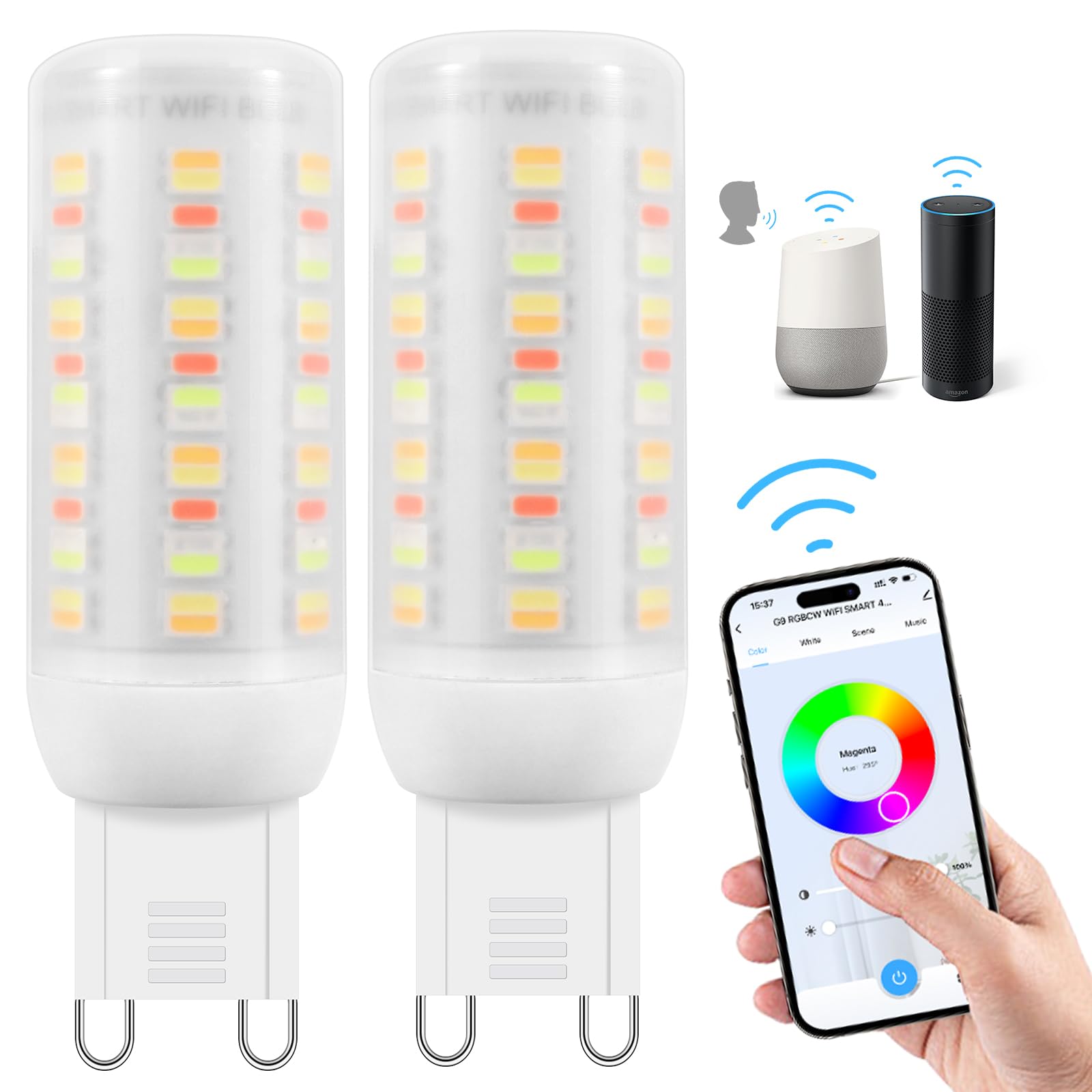 Wi-Fi RGBCW Smart G9 LED Lampen,Kompatibel mit Alexa /Google Home,AC 230V Mehrfarbrige dimmbare,2700K-6500K,Helligkeit einstellbar 1%-100%,4W,400LM,mit Musiksynchronisation LED Glühbirne,2er Pack