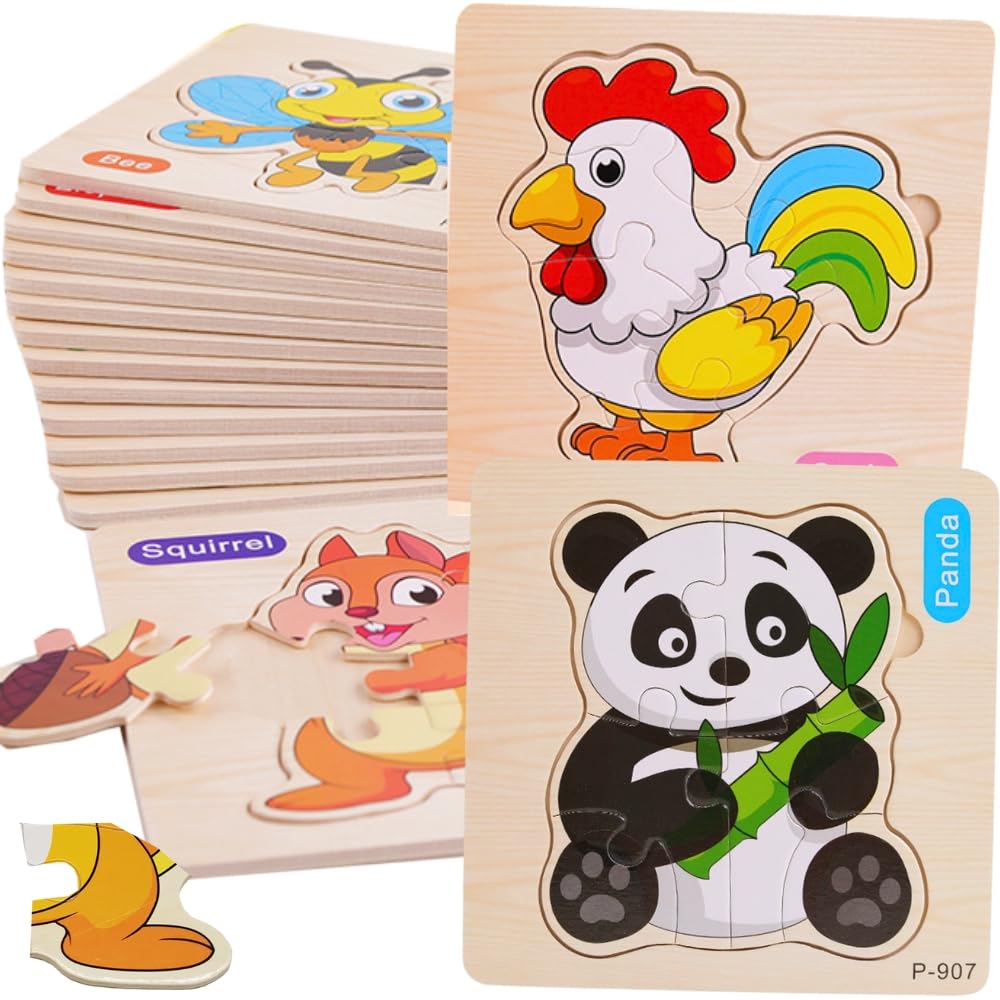 16 PCS Puzzle Madera Niños y Niñas 1, 2 años y 3, Detalles para Cumpleaños Infantiles y Guardería, Juguetes Montessori Educativos, Regalos Originales, Puzzles de Madera con Animales (16 Puzzles)