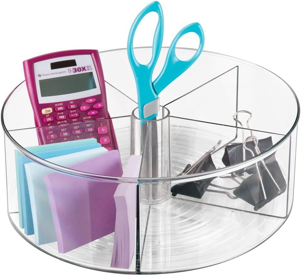 mDesign Deep Plastic Lazy Susan Turntable Storage Container - Divided Spinning Organizer for Home Office Supplies, Pens, Erasers, Tape, Colored Pencils - 2 Pack - Clear