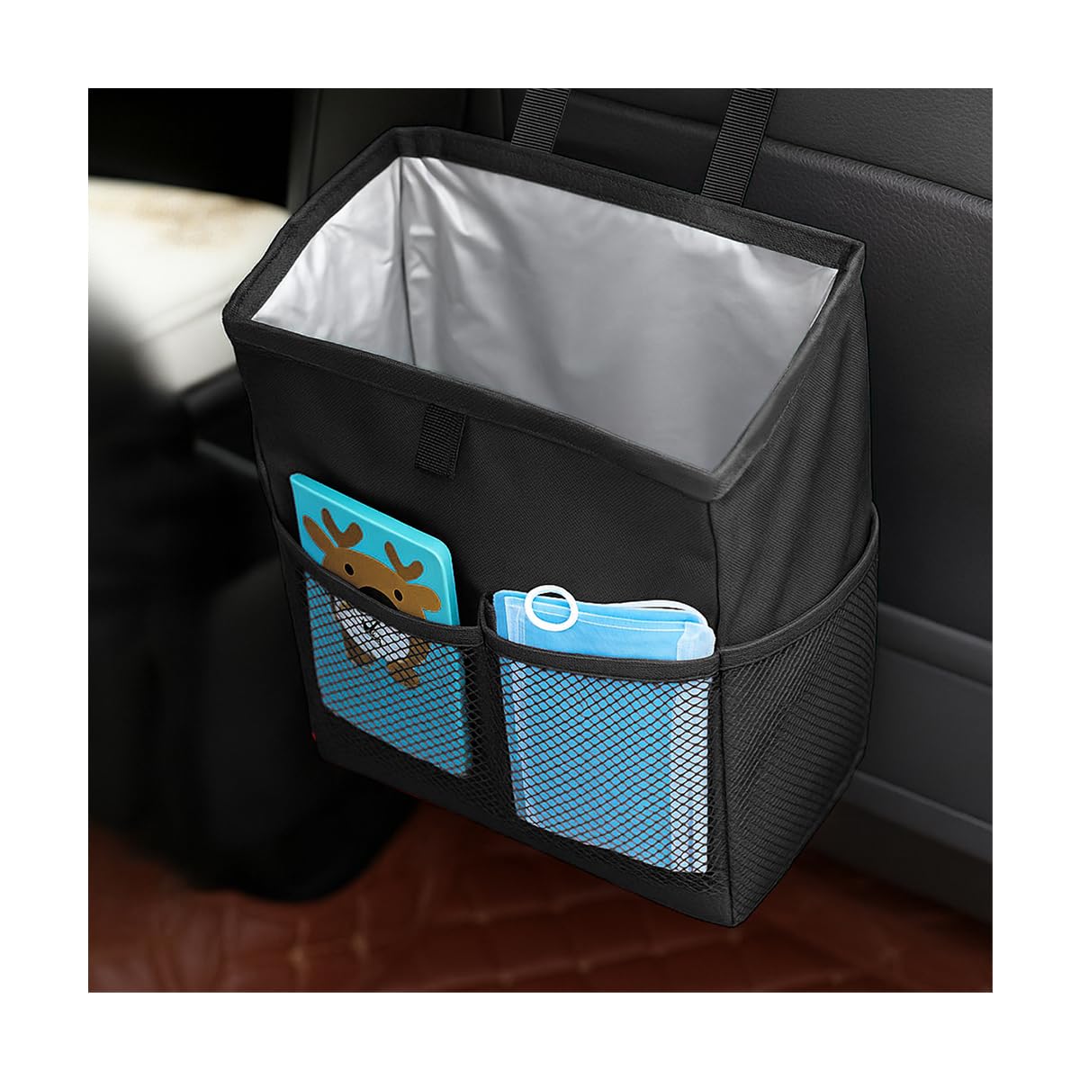 FALVFUN Car Trash Bag, Leak-Proof Large Capacity 3.4 Gallons Hanging Vehicle Trash Bin with Storage Pocket, Multipurpose Portable Auto Garbage Bag for