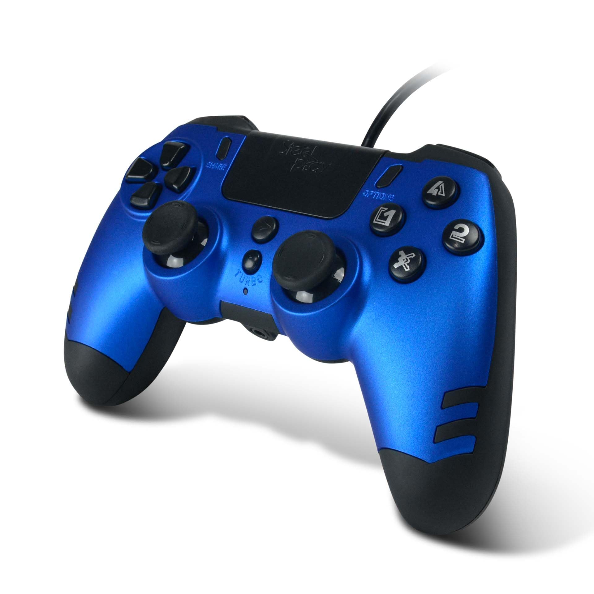 Steelplay Slimpack - Manette sans Fil 2,4 GHz, Compatible PS4/PS3/PC, Double Retour de Vibration, 4 palettes arrière programmables, Ergonomique et Confortable - Bleu