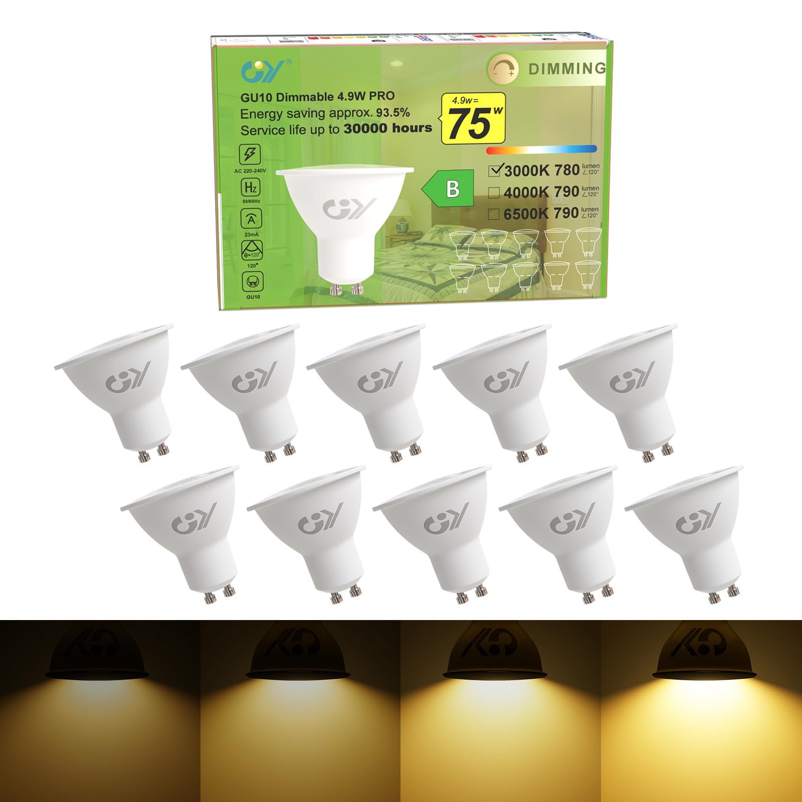 GY GY Dimmable GU10 Warm White 780 Lumen High Energy Efficiency LED Bulbs,4.9W 3000K 120° Wide Beam Angle Energy Saving Lamp,75W Replacement,10 Pack