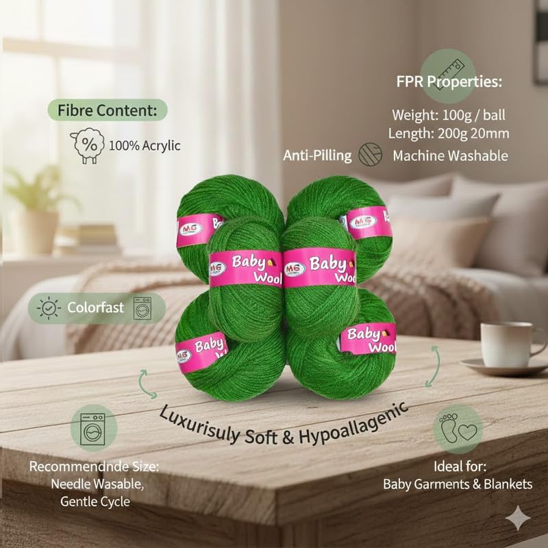 Image of M.G ENTERPRISE 100% Acrylic Wool Leaf Green 6 Pc Baby Wool 4 ply -PB Art-