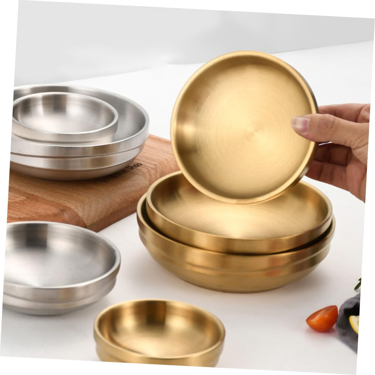 COLLBATH 4pcs Stainless Steel Pickle Dish Chip and Dip Bowl Condiment Bowls Dipping Sauce Cups Small Sauce Cups Condiment Saucers Flatware Tray Portion Cups Mini Ramekins Nut Tray Golden