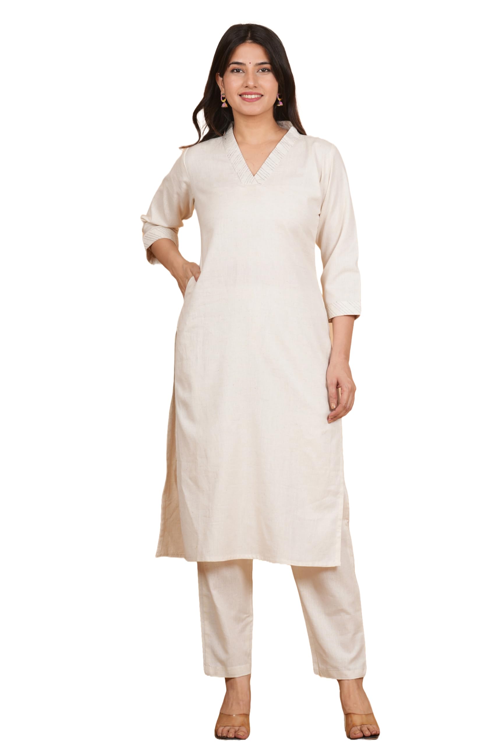 Women's Solid Straight Kurta Set with Pant - Stylish V-Neck Kurta Design - Cotton Kurtas for Women - 3/4 Sleeve, Knee-Length, Formal Fusion Wear-image-41