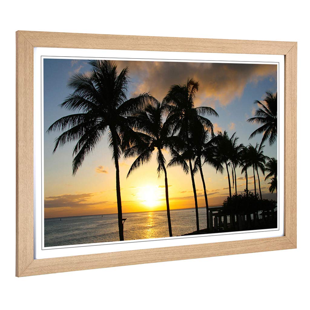 Big Box Art Framed Print of Seascape Hawaii Sunset Palm Trees Design | Wall Art Picture | Home Decor for Kitchen, Living Room, Bedroom, Hallway, Oak, A2 / 24.5x18 Inch / 62x45cm