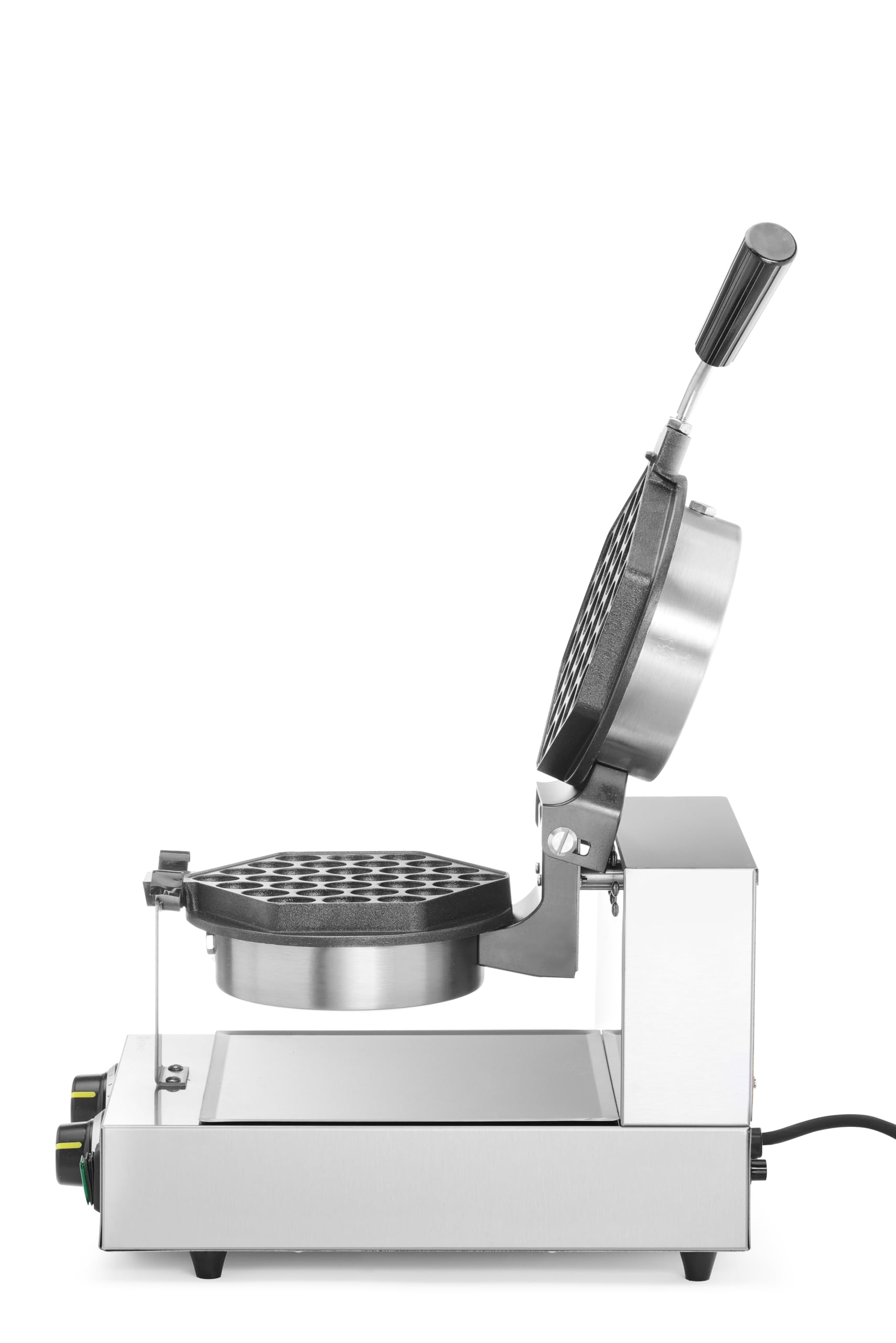 HENDI Máquina eléctrica giratoria para hacer gofres de burbujas, gofrera bubble waffles, waflera, placas antiadherentes de aluminio fundido, 50°C-210°C, 1500W, 255x560x(H)318mm, acero inoxidable