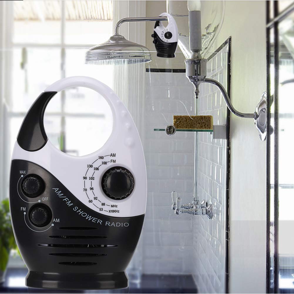Yunseity Radio de Ducha a Prueba de Agua, Radio Am FM Portátil de Doble Banda con Diseño de Gancho, Altavoz Incorporado de Radio con Batería, para Baño Cocina Uso Al Aire Libre (Negro)