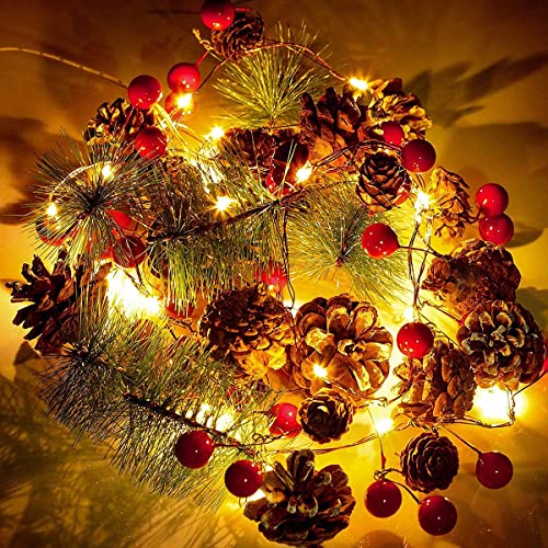 Weihnachten Lichterketten,20 LED 2M Weihnachtsgirlande mit Lichtern Batteriebetrieben,Tannenzapfen Rote Beeren LED Lichterkette Kupferdraht Lichter für Innen Außen Neujahr Festival Party Dekoration Cover