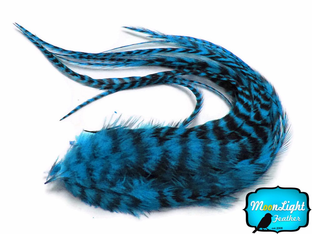 Moonlight Feather, Hair Extension Feathers - Turquoise Blue Long Grizzly Rooster Hair Extension Feathers - 7-11 Inches Long - 6 Pieces Per Pack