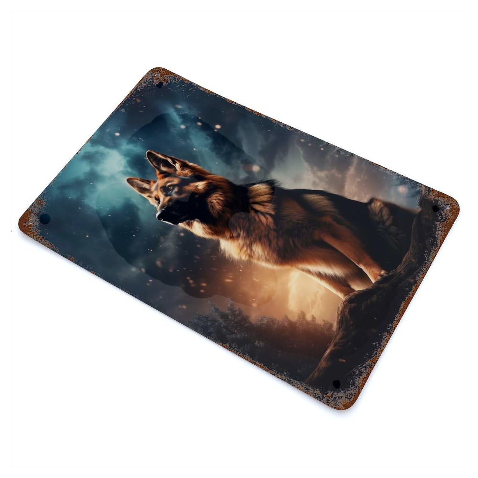 Garage Style German Shepherd Under Stormy Sky Aged Metal Wall Plaque 11.8"x7.9", Farmhouse Wall Decor for Bar And Workshop