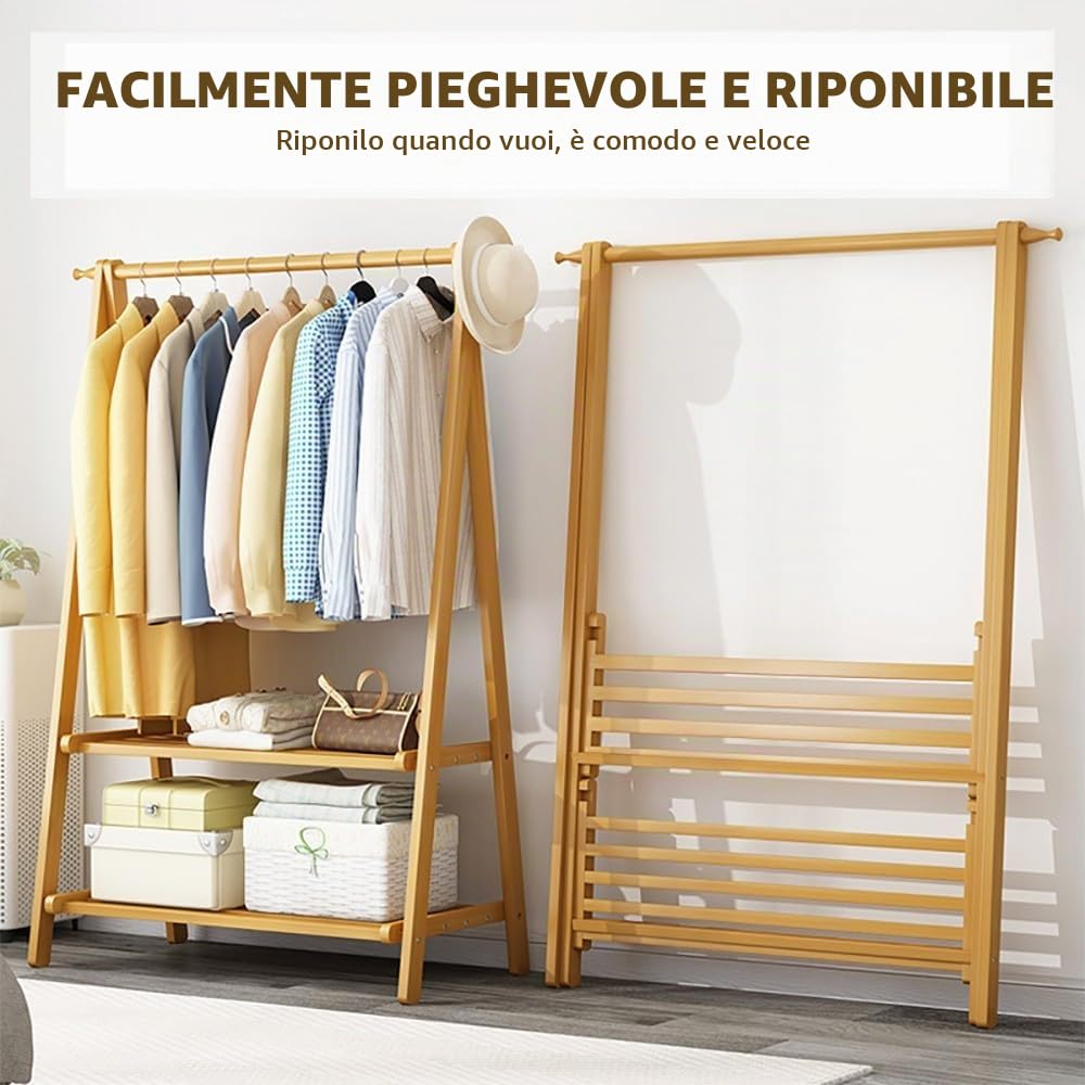 Attaccapanni in Legno, Appendiabiti con Portascarpe, 2 Ganci a Testa Tonda, Gruccia Multifunzionale Salvaspazio, Carica 100 kg, per Camera Corridoio Ingresso:66/86/116x40x160CM