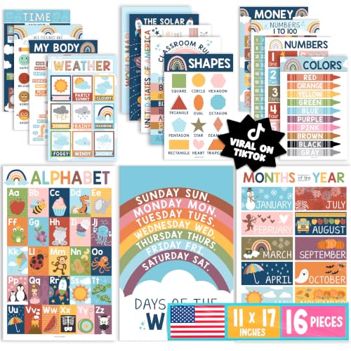 Image of Hadley Designs 16 Educational Posters for Classroom Decor - Boho Educational Posters for Toddlers 1-3, Toddler Learning Posters for Kids Ages 3-5, Kindergarten & Preschool Classroom Must Haves